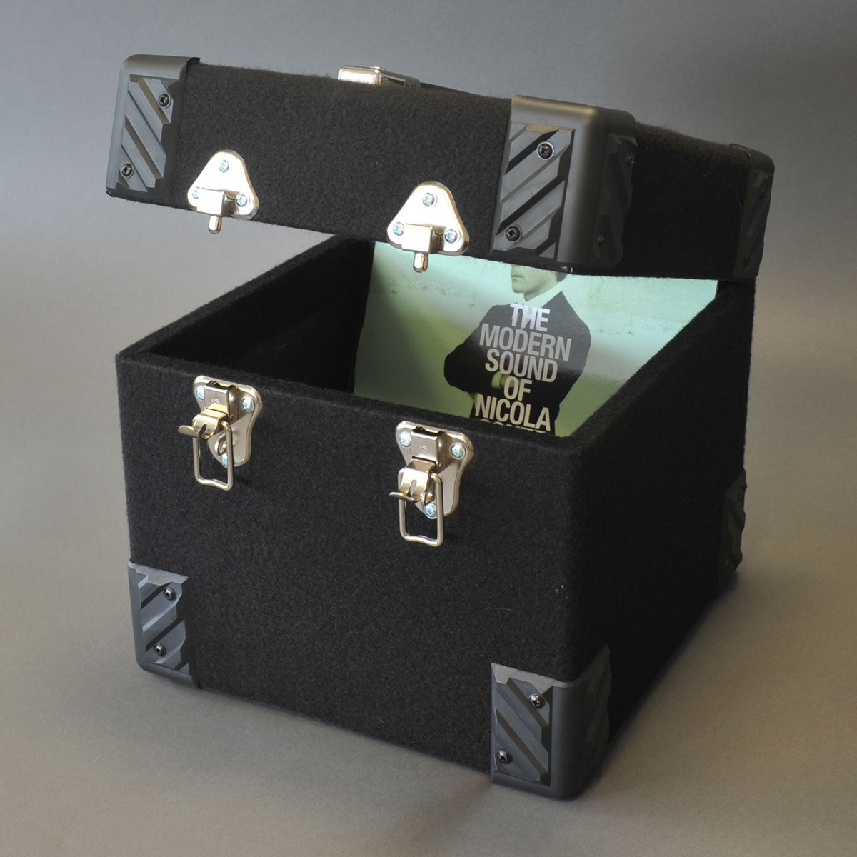 COFFRE EN BOIS RECOUVERT DE TISSU NOIR POUR 100 DISQUES VINYLE 10 POUCES 78 RPM