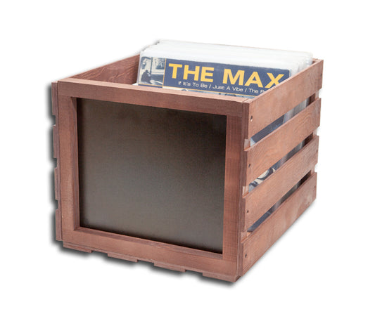 CESTA DE MADERA CON PIZARRA PARA VINILO LP 33 RPM 12 PULGADAS (COLOR NOGAL)