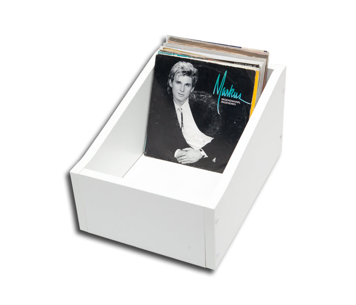 DJ-BOX, weißer Holzbehälter, 130 Vinyl-Schallplatten mit 45 U/min, 7 Zoll