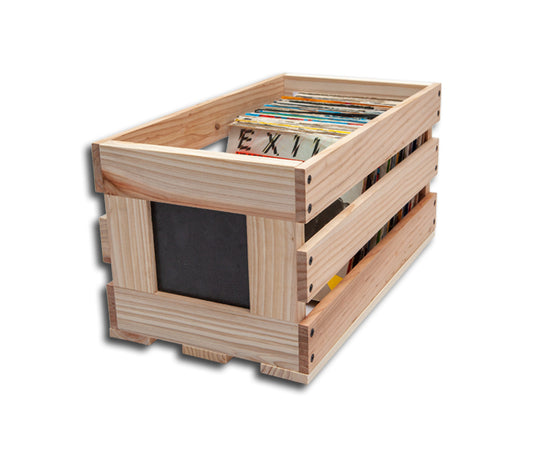 CESTA DE MADERA CON PIZARRA PARA DISCOS 45 REVS 7 PULGADAS VINILO (MADERA NATURAL)